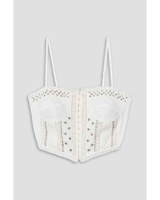 LoveShackFancy White Rosabella Cropped Lace-trimmed Crystal-embellished Cotton-voile Top