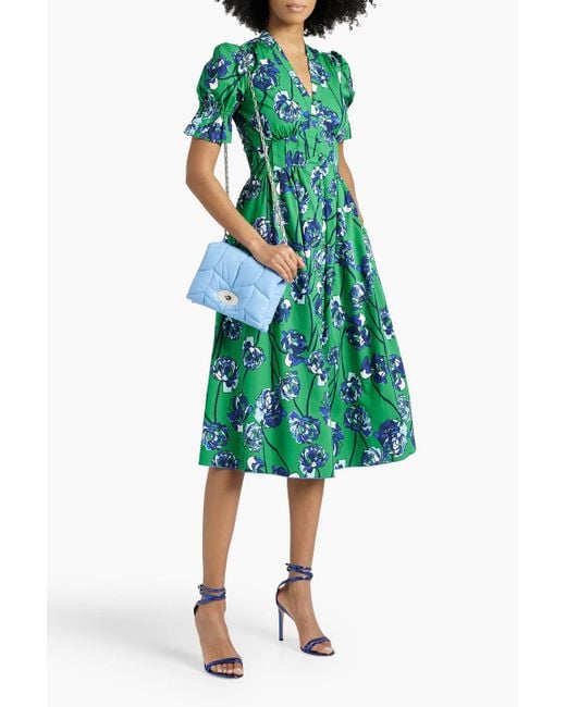 Diane von Furstenberg Green Erica Shirred Floral-print Cotton-blend Poplin Midi Shirt Dress
