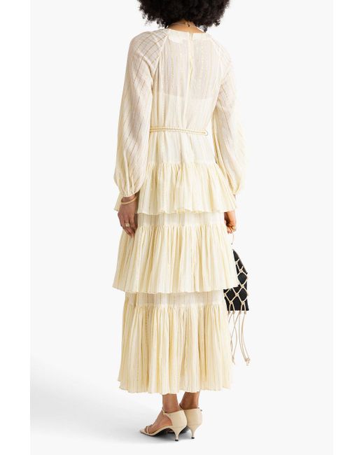Zimmermann Natural Gestuftes maxikleid aus baumwollgaze mit streifen und metallic-effekt