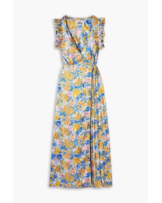 Kika Vargas Blue Liana Pleated Ruffled Floral-Print Satin Midi Wrap Dress