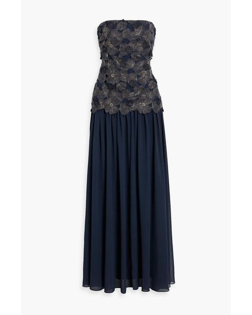 Badgley Mischka Blue Strapless Metallic Guipure Lace And Chiffon Gown