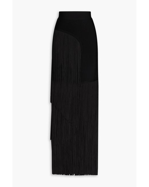 Hervé Léger Black Fringed Stretch-knit Maxi Skirt