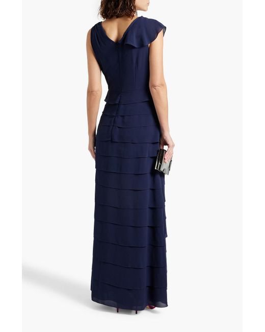 Mikael Aghal Blue Ruffled Crepe Maxi Dress