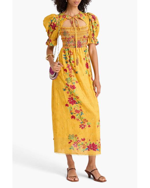 Farm Rio Yellow Midikleid aus baumwolle mit floralem print und cut-outs