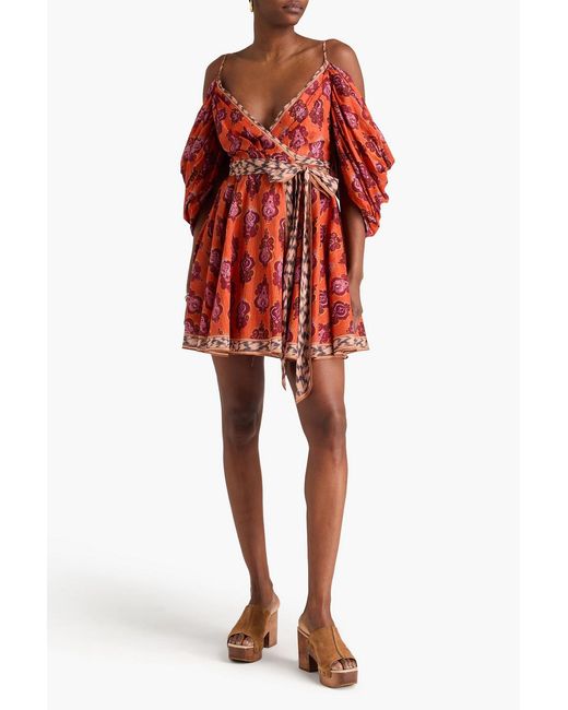 Zimmermann Red Cold-Shoulder Printed Cotton-Gauze Mini Wrap Dress