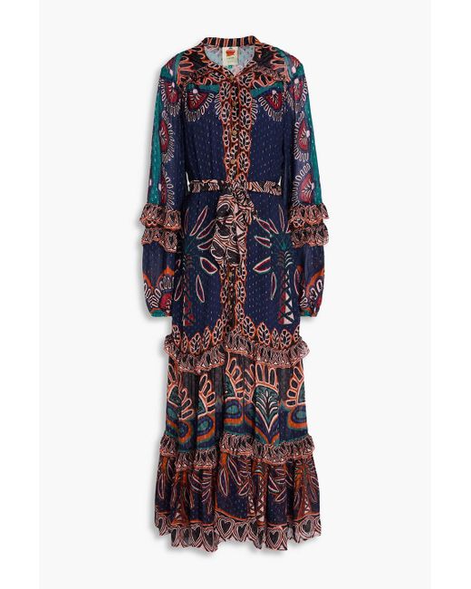 Farm Rio Blue Ruffled Metallic Fil Coupé Georgette Midi Dress