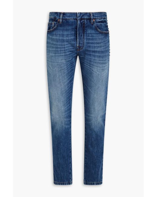 Valentino Blue Slim-fit Studded Faded Denim Jeans for men