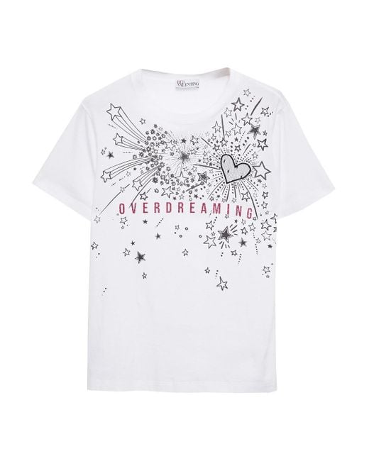RED Valentino White Glitter-embellished Printed Cotton-jersey T-shirt