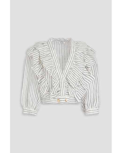 Sandro White Cropped Ruffled Striped Linen-blend Gauze Shirt