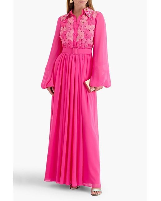Badgley Mischka Pink Belted Floral-appliquéd Chiffon Gown