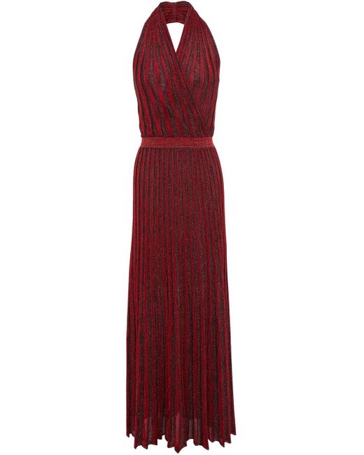 Missoni Red Wrap-effect Metallic Ribbed-knit Halterneck Midi Dress