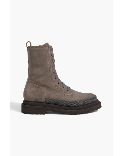 Brunello Cucinelli Brown Bead-Embellished Suede Combat Boots