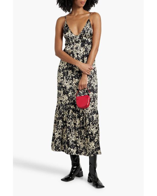 Ganni White Ruffled Printed Satin-Crepe Midi Dress