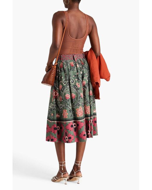 Farm Rio Red Belted Floral-print Cotton-poplin Midi Skirt