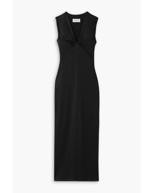 16Arlington Black Venza Twist-Front Crystal-Embellished Glossed-Jersey Midi Dress