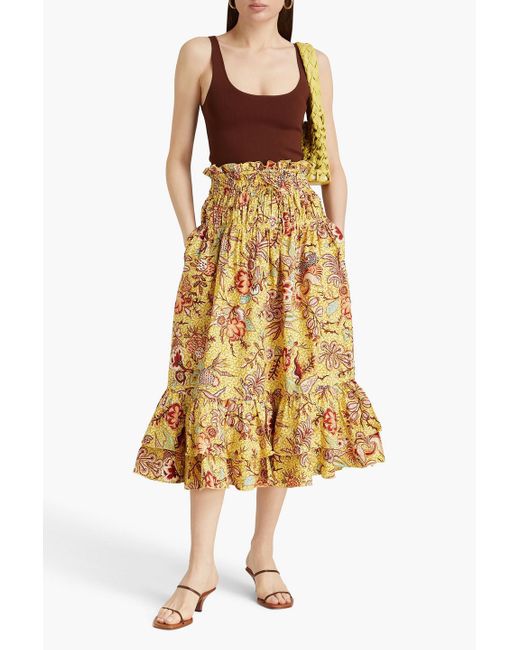 Ulla Johnson Yellow Acacia Ruffled Floral-print Cotton-poplin Midi Skirt