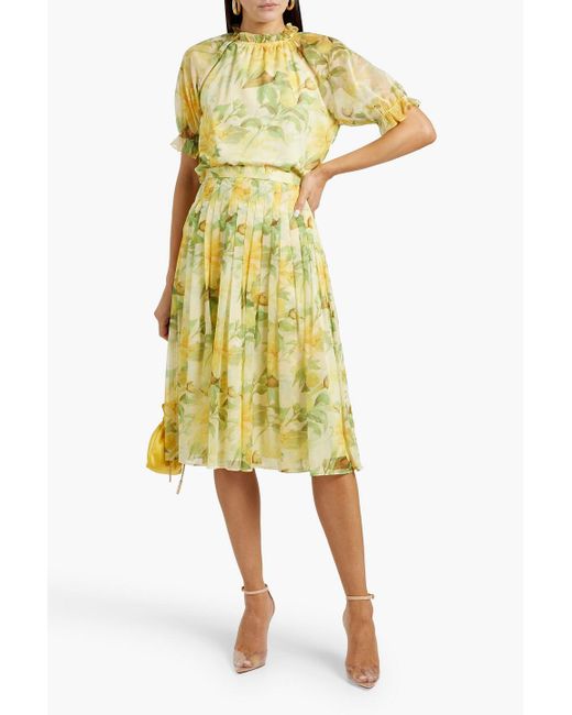 Mikael Aghal Yellow Ruffled Floral-Print Chiffon Blouse