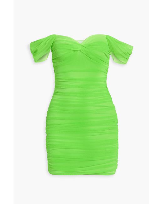 Norma Kamali Green Walter Off-the-shoulder Ruched Stretch-mesh Mini Dress