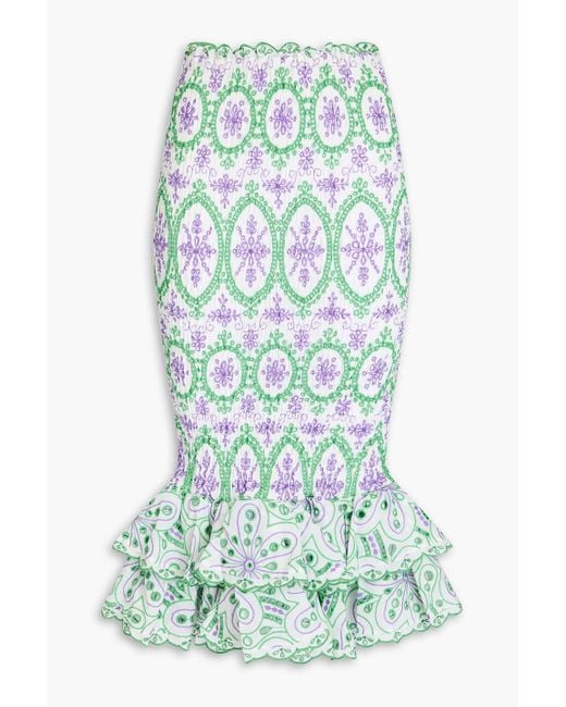 Charo Ruiz Green Liliana Ruffled Broderie Anglaise Cotton-Blend Midi Skirt