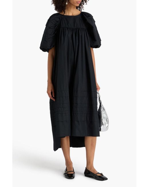 CECILIE BAHNSEN Black Penelope Pintucked Cotton-Poplin Midi Dress