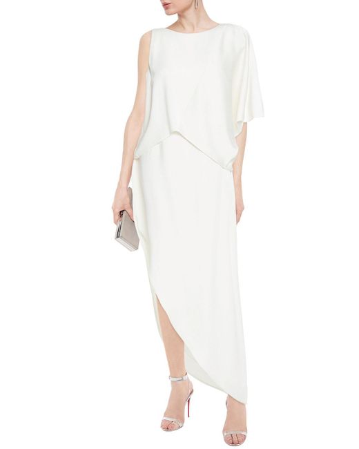 Halston Heritage White Asymmetric Draped Satin Midi Dress