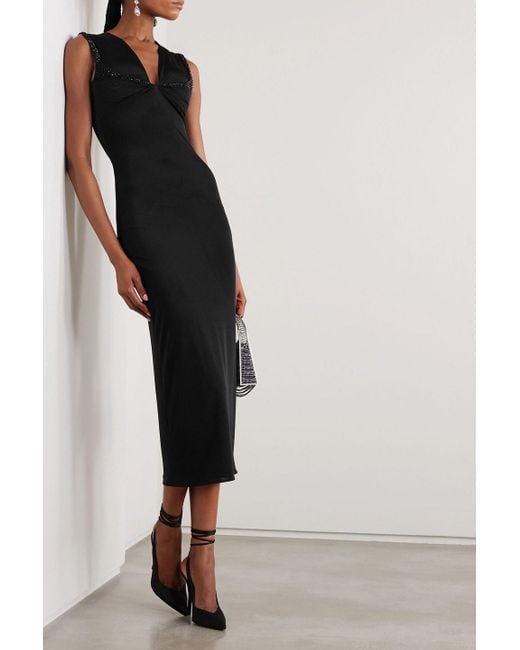 16Arlington Black Venza Twist-Front Crystal-Embellished Glossed-Jersey Midi Dress