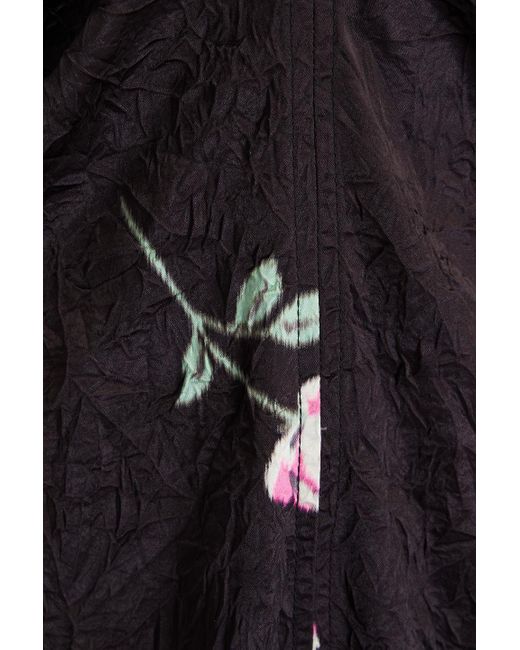 Ganni Black Ruched Floral-print Satin Mini Dress