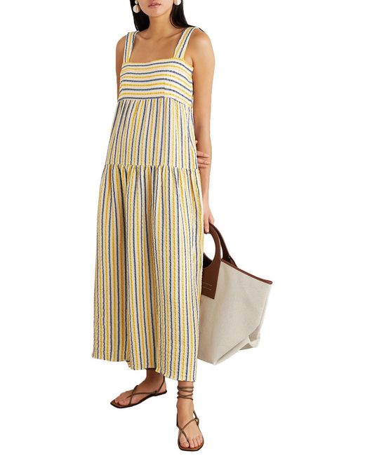 Three Graces London Yellow Cosette gestuftes maxikleid aus gaze aus einer baumwoll-leinenmischung mit streifen