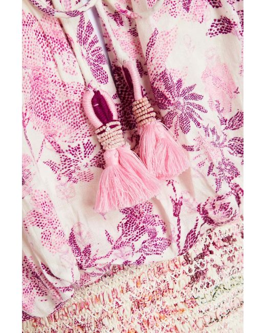 Hemant & Nandita Pink Gathered Floral-print Cotton-gauze Maxi Dress
