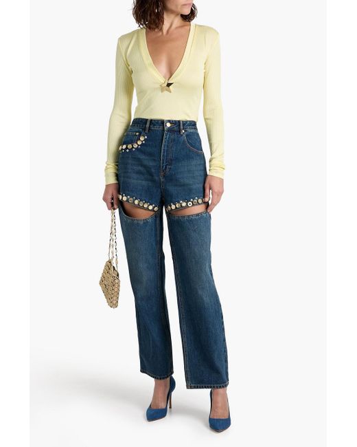 Area Blue Cutout Embellished High-Rise Wide-Leg Jeans