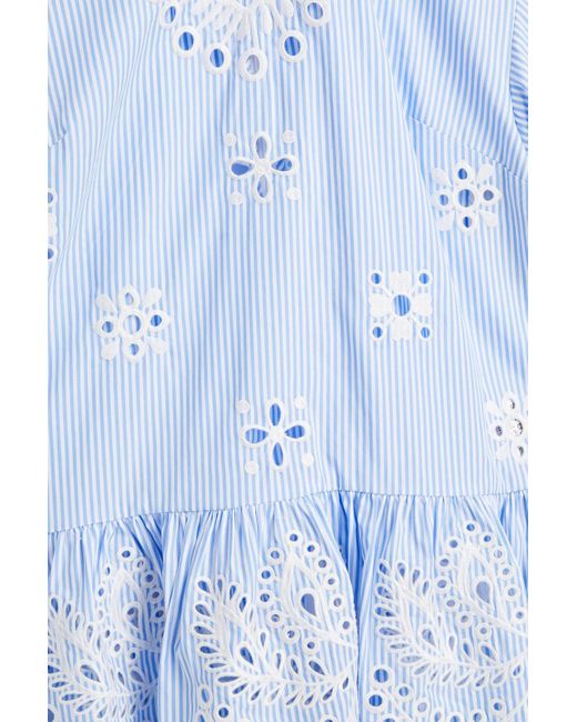 RED Valentino Blue Scalloped Striped Broderie Anglaise Cotton Peplum Top