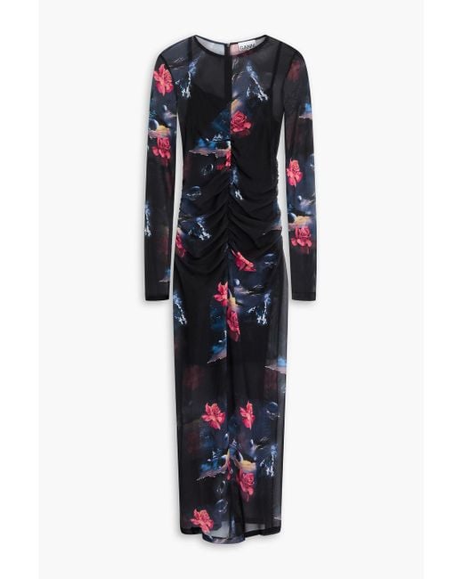 Ganni Blue Ruched Floral-Print Stretch-Mesh Midi Dress