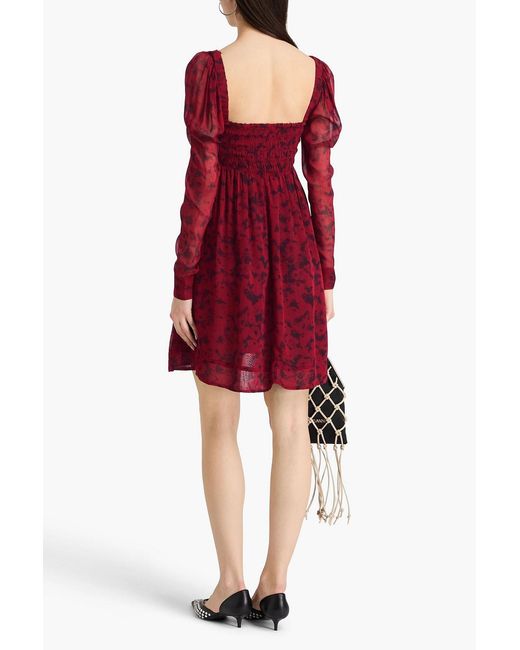 Ganni Shirred Printed Georgette Mini Dress