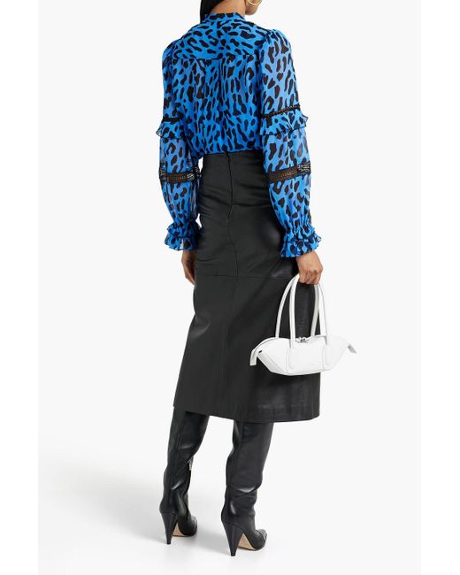 Diane von Furstenberg Blue Arlington Ruffled Leopard-print Chiffon Blouse