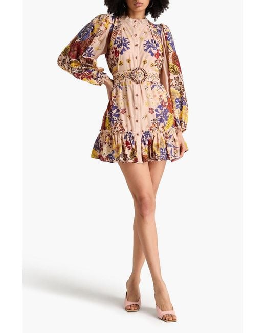 Farm Rio Pink Belted Floral-Print Cotton Mini Dress