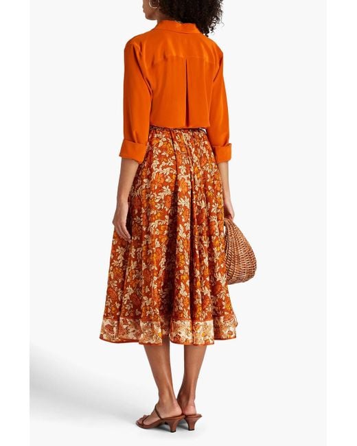 Zimmermann Orange Floral-print Silk Midi Skirt