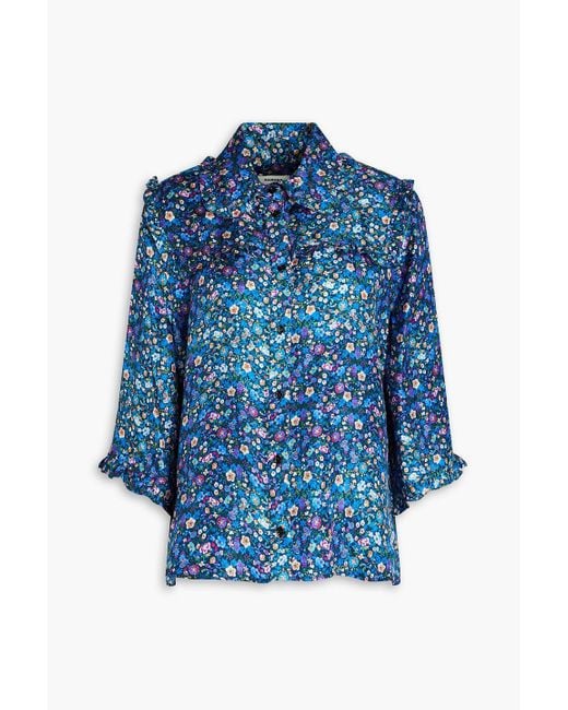 Sandro Blue Hemd aus seiden-twill mit floralem print und rüschen