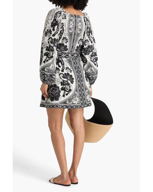 Farm Rio Black Pleated Printed Cotton And Lyocell-blend Canvas Mini Skirt