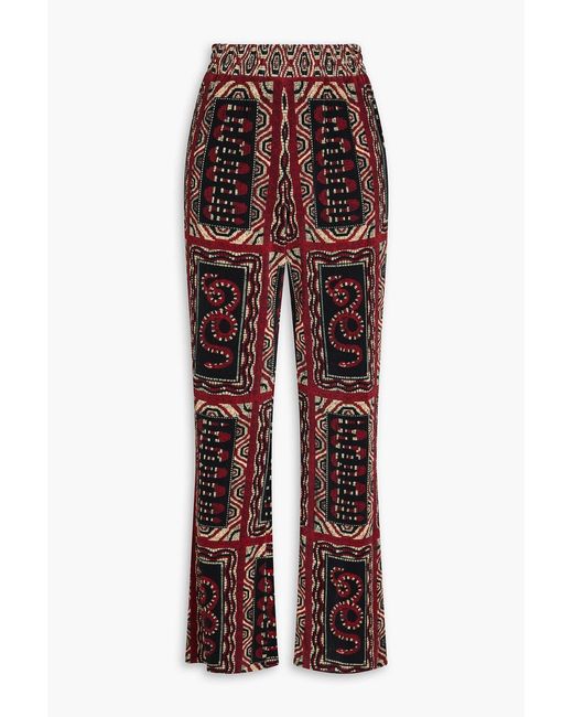 Farm Rio Red Pleated Printed Satin Wide-leg Pants