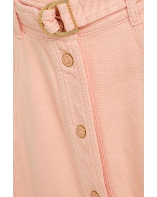Zimmermann Pink Belted Cotton-Twill Midi Skirt
