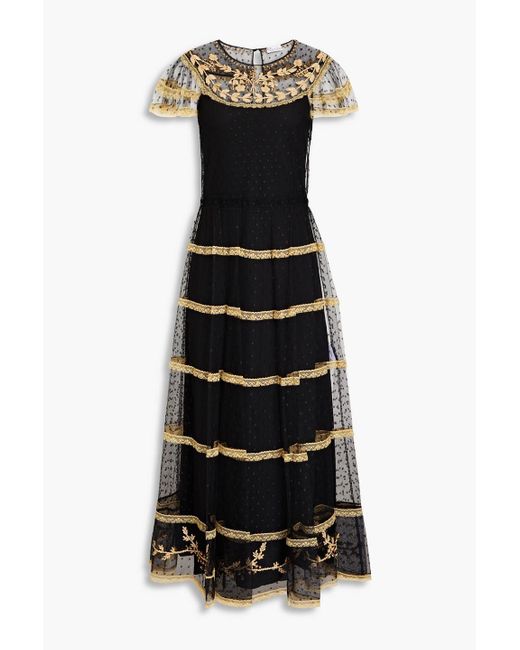RED Valentino Black Lace-trimmed Embroidered Point D'esprit Midi Dress