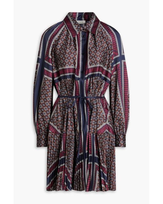 Sandro Blue Belted Pleated Twill Mini Shirt Dress