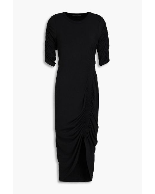 Veronica Beard Black Asymmetric Shirred Jersey Midi Dress