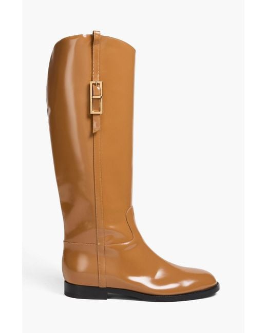 Sergio Rossi Brown Buckled Glossed-leather Knee Boots