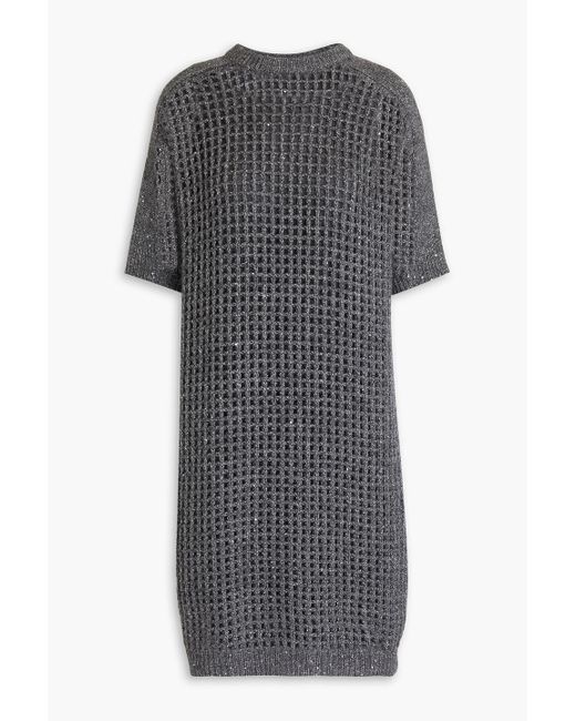 Brunello Cucinelli Gray Sequin-embellished Metallic Open-knit Mini Dress
