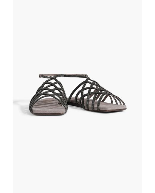 Brunello Cucinelli Gray Bead-embellished Suede Sandals