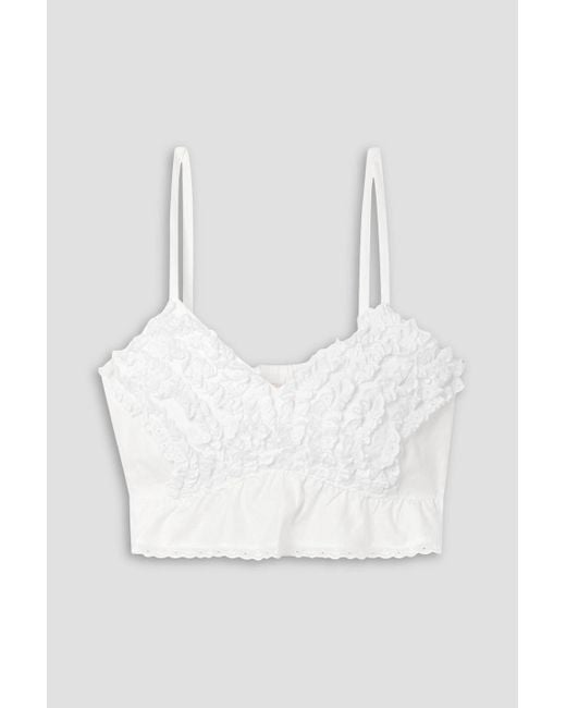 Loretta Caponi White Bora Cropped Ruffled Broderie Anglaise Cotton Top