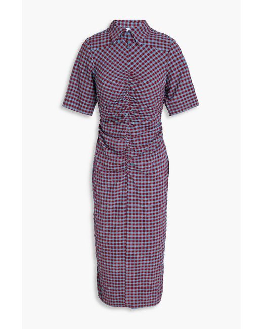 Ganni Purple Ruched Gingham Seersucker Shirt Dress
