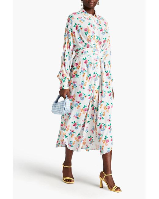 MSGM White Belted Floral-print Crepe Midi Dress