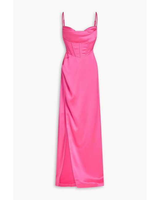 retroféte Pink Rosa maxikleid aus glänzendem crêpe mit cut-outs und drapierung
